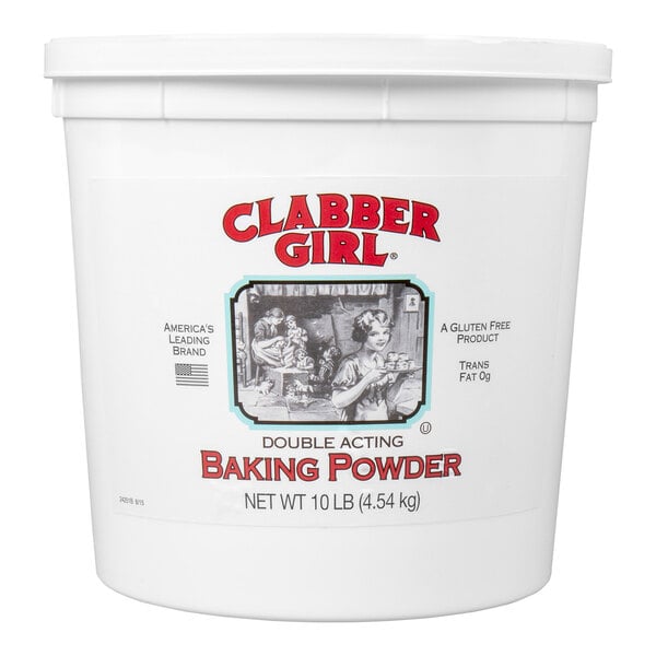 A large white plastic container labeled 'Clabber Girl Double Acting Baking Powder' with a vintage-style illustration on the front.