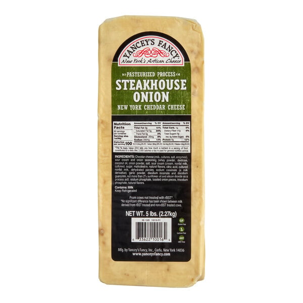A 5 lb. block of Yancey's Fancy Steakhouse Onion flavored New York cheddar cheese.