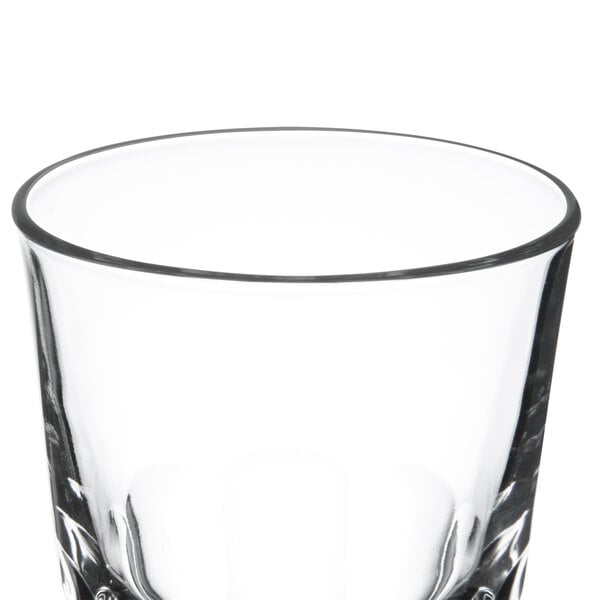 A close up of a Libbey Gibraltar clear glass with a small rim.