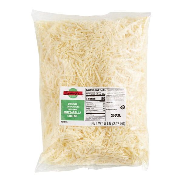 A bag of Savoldi shredded mozzarella cheese on a white background.