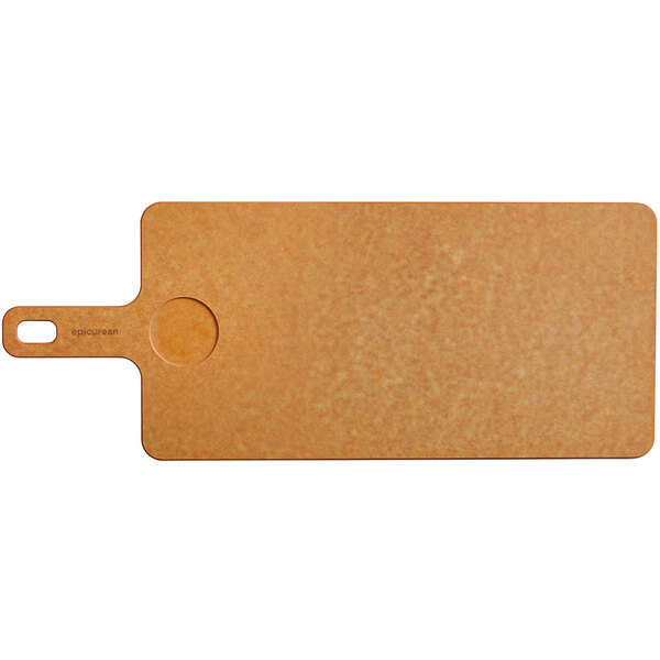 A brown Epicurean Richlite wood fiber cutting and serving board with a handle.