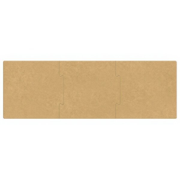 A brown cardboard box with a lid containing three puzzle pieces of a puzzle, each a close-up of a brown Epicurean folder.