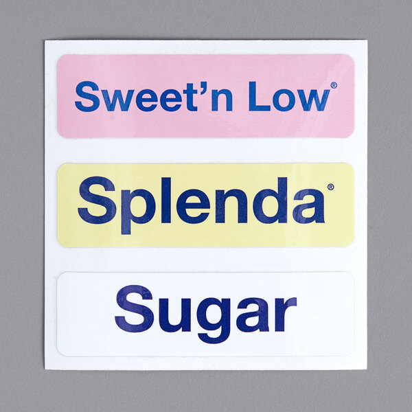 A white sticker with text reading "Sweet in low sugar" on a Server InSweeten Triple Coffee Sweetener Dispenser Station.