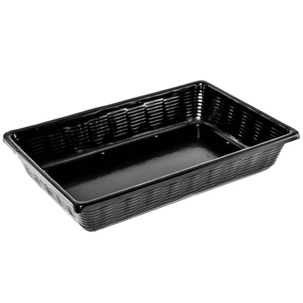 A black rectangular Marco Company plastic basket with holes.