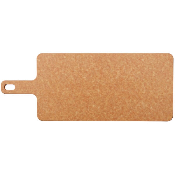 A brown Richlite wood fiber cutting and serving board with a handle.