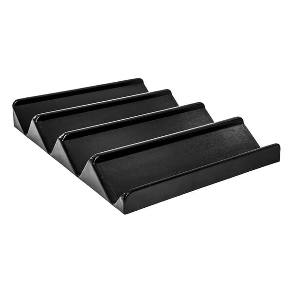 A black plastic shelf with four rows of black plastic trays.