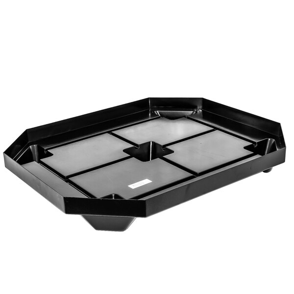 a black tray with a white label