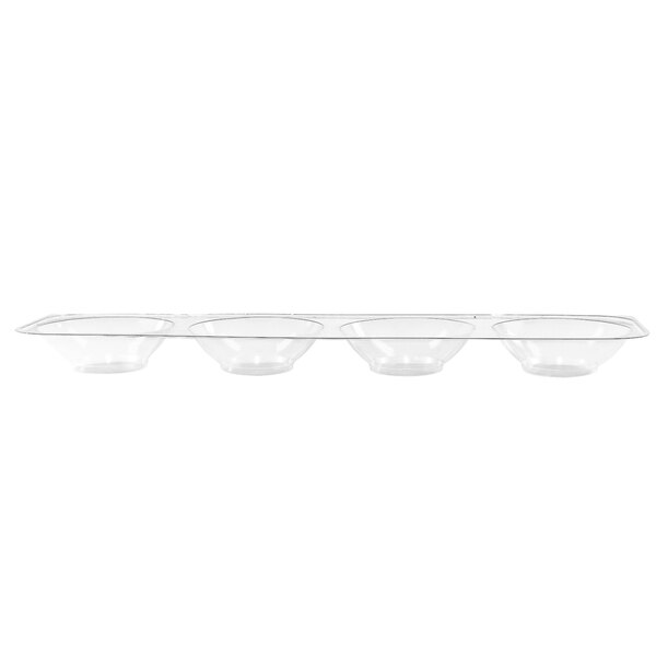 A Marco Company clear plastic tray with four sections holding grapefruit bowls.