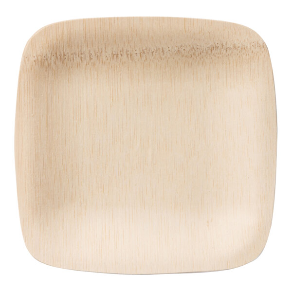 A close-up of a Bambu square wooden plate with a wood grain texture.