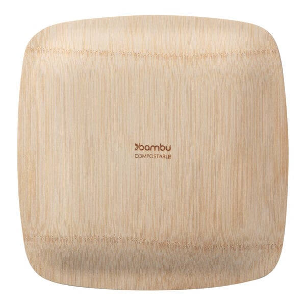 A Bambu Veneerware square bamboo plate.