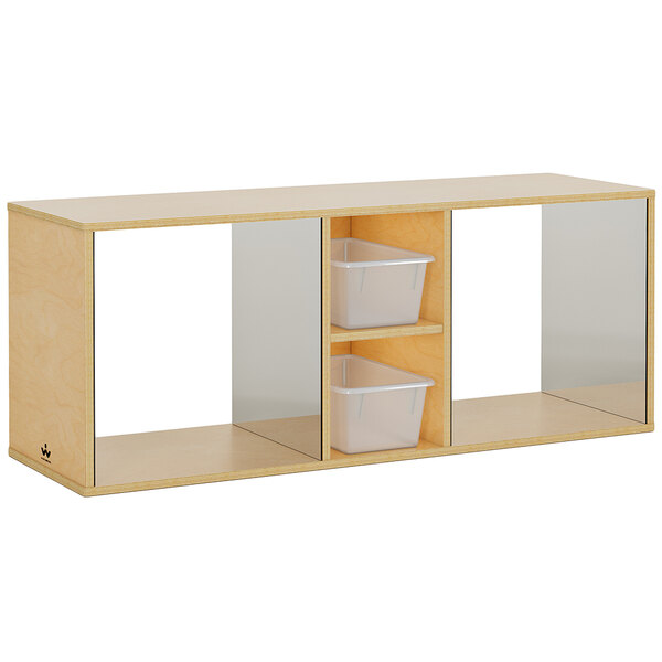 A wooden shelf with clear plastic containers on it.