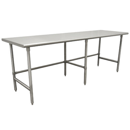 An Advance Tabco stainless steel work table with open metal legs.