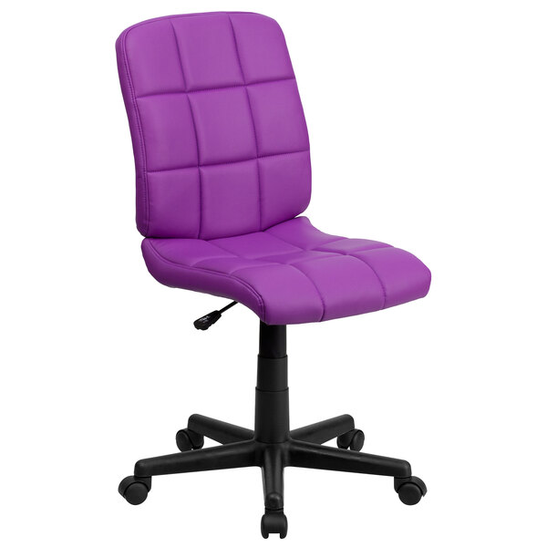 A Flash Furniture purple quilted vinyl office chair with black wheels.