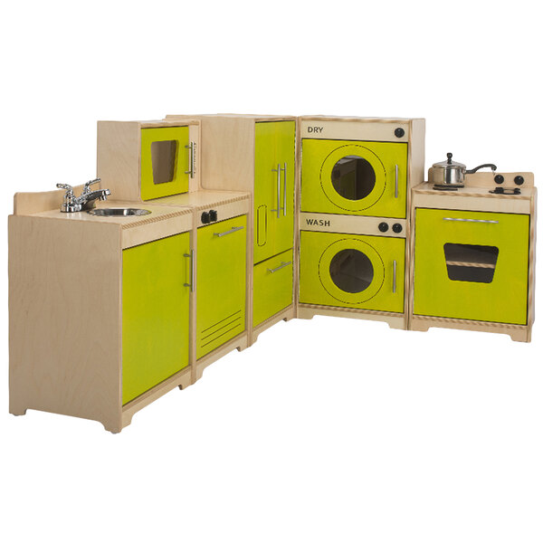 A Whitney Brothers wooden toy kitchen set with green cabinets and appliances including a yellow and white washer machine.