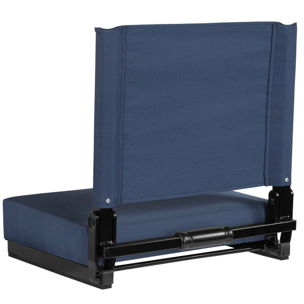 A navy blue stadium seat with a black frame.
