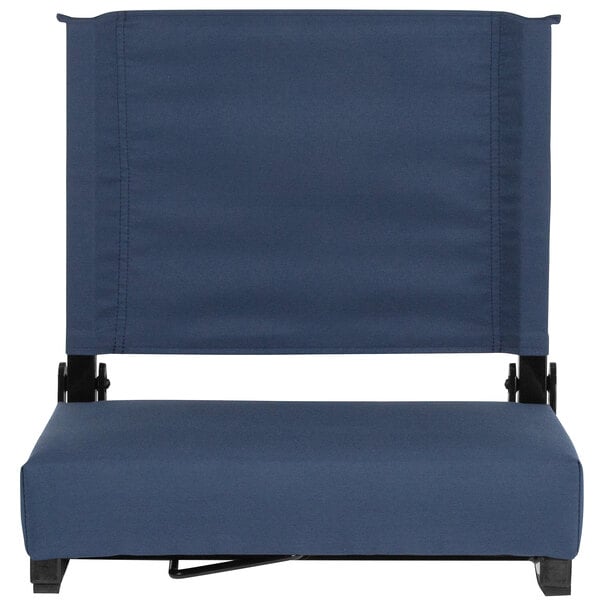 A blue stadium chair with a black cushion.