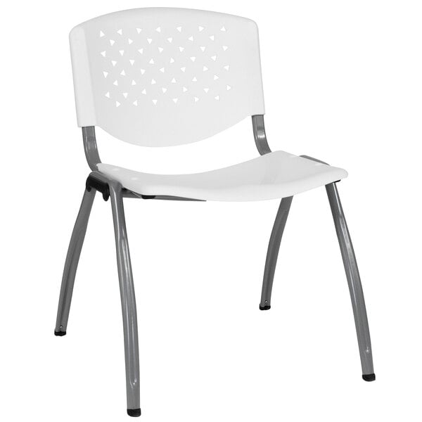 A Flash Furniture white plastic stack chair with a metal frame.