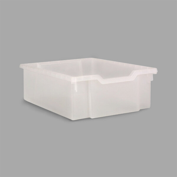 A Whitney Brothers translucent plastic container with a lid.