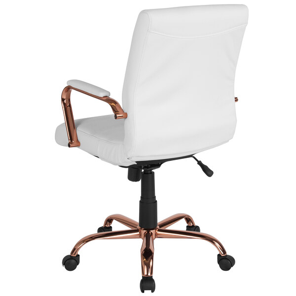 A white Flash Furniture office chair with a rose gold metal base and arms.