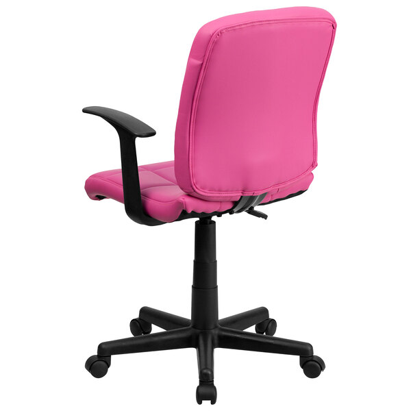 A Flash Furniture pink quilted vinyl office chair with arms and black wheels.