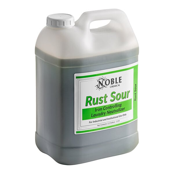 A white jug of Noble Chemical Rust Removing Laundry Sour with a green label.