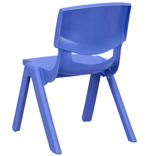 A blue plastic Flash Furniture school chair with legs.