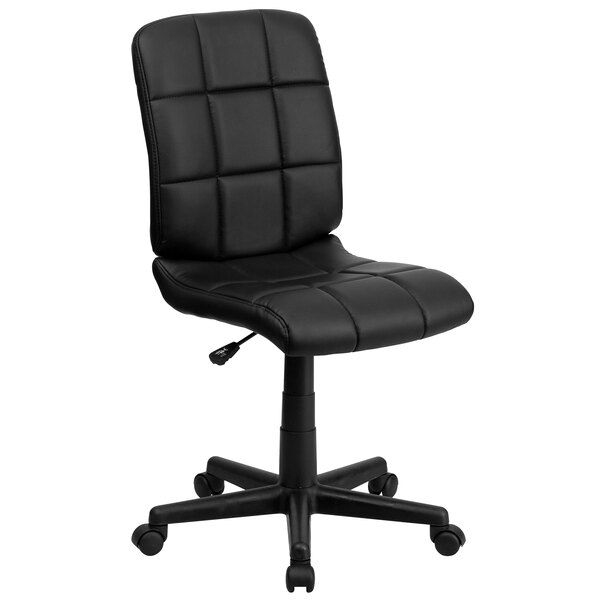 A Flash Furniture black quilted vinyl mid-back office chair with wheels.