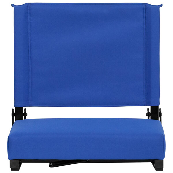 A blue stadium chair with a black cushion.