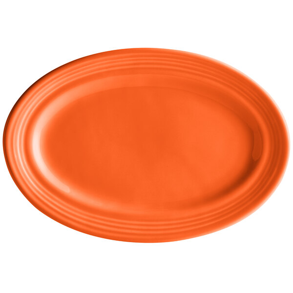 A white oval china platter with an orange rim.