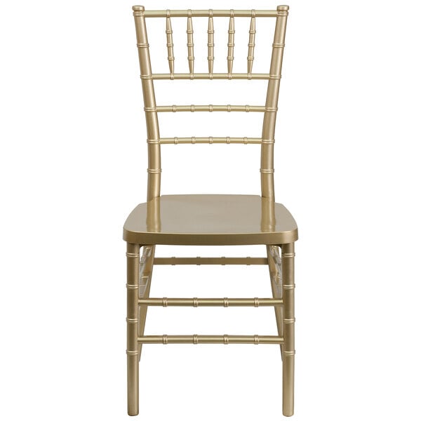 A gold Flash Furniture Hercules chiavari chair with a wooden seat on a white background.