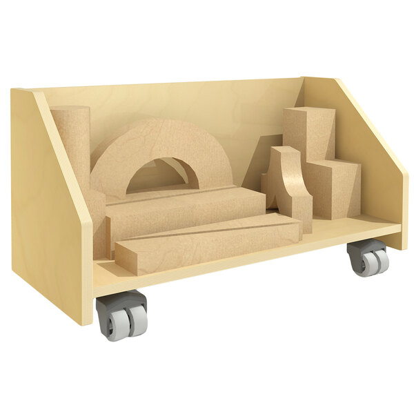 A wooden mobile building block storage cart with wheels and shelves.