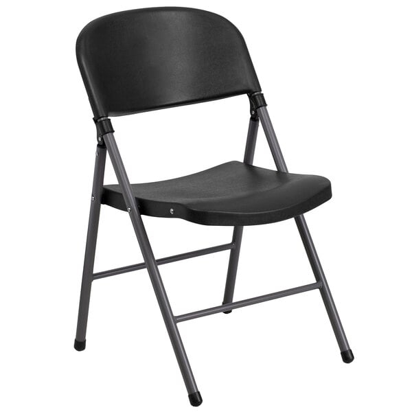 A Flash Furniture black plastic folding chair with charcoal metal legs.