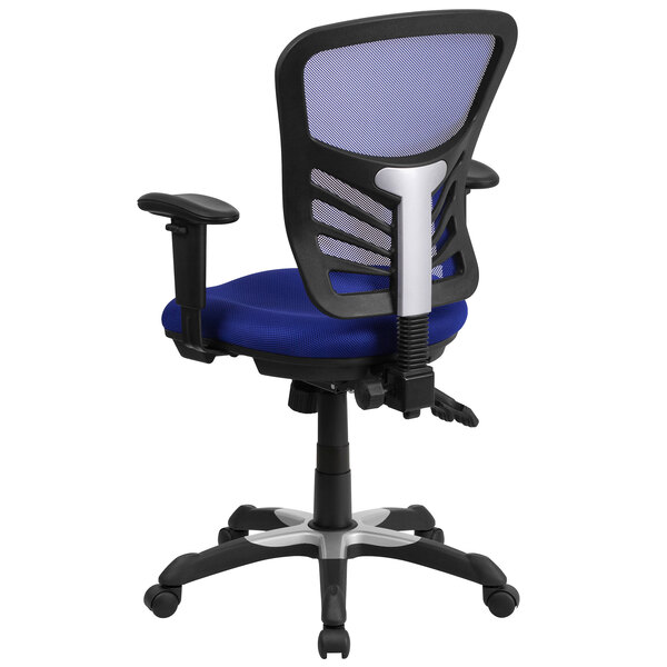 a blue and black office chair