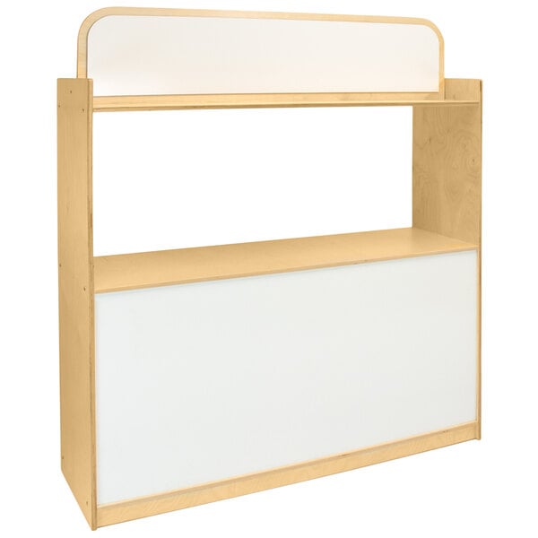 A wooden shelf with a white top and white board with a wooden frame.