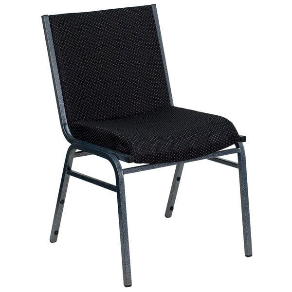 A black Flash Furniture Hercules Series stack chair with a black cushion.