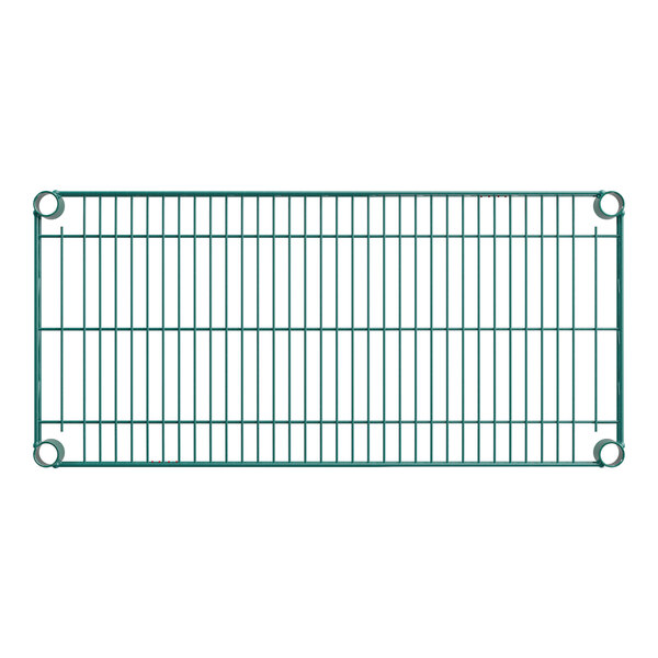 A rectangular green wire shelf with a grid pattern and four circular openings at the corners.