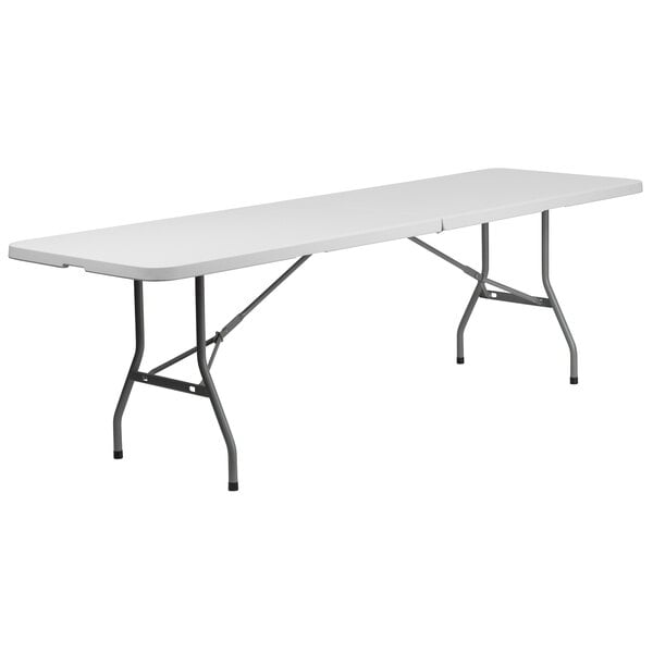A Flash Furniture rectangular white plastic folding table with metal legs.