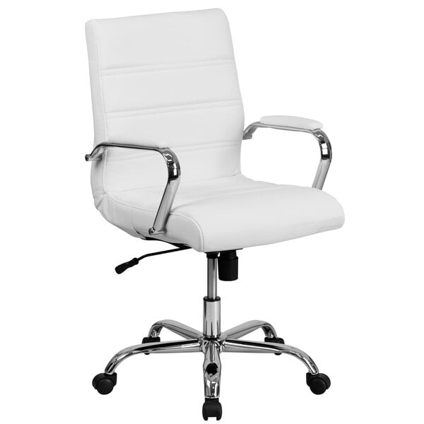 A white Flash Furniture office chair with chrome arms.