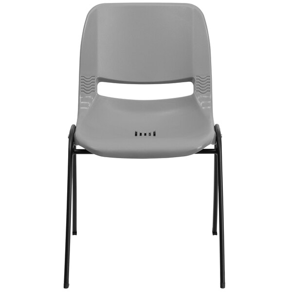 A grey plastic Flash Furniture Hercules Series shell stack chair with black legs.
