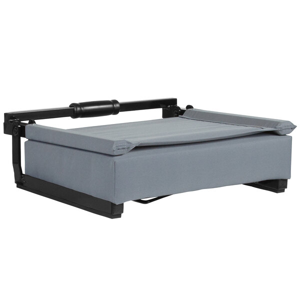 A grey cushioned seat with a black frame.