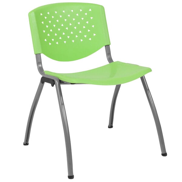 A green plastic Flash Furniture stack chair with metal legs.