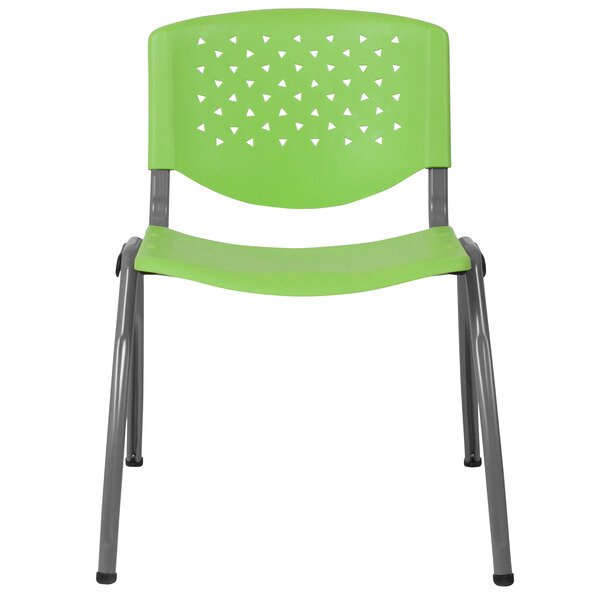 A Flash Furniture green plastic chair with metal legs.