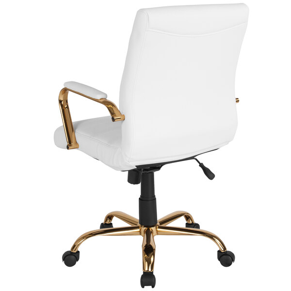 A white office chair with gold legs and arms.