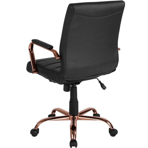 A Flash Furniture black leather office chair with rose gold legs.