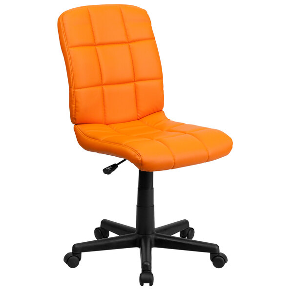 An orange Flash Furniture mid-back office chair with black wheels.