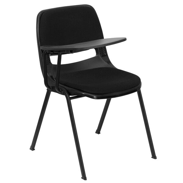 A black Flash Furniture classroom chair with a right handed desk tablet.