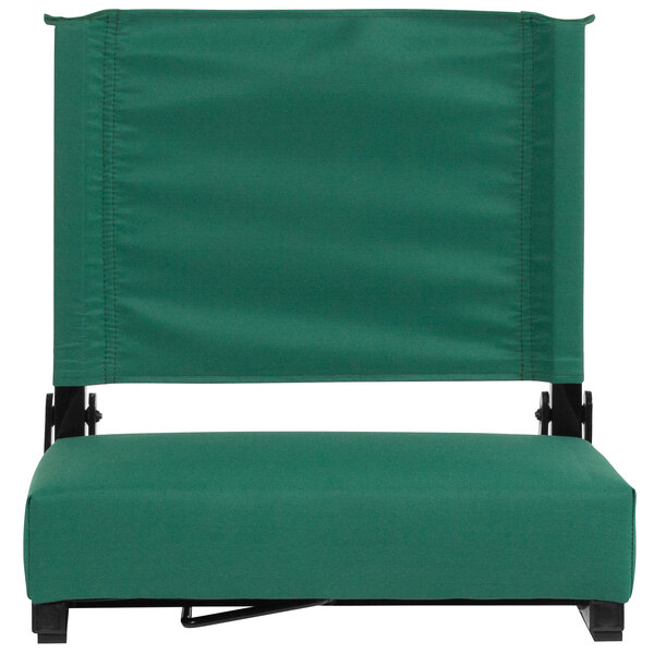 A green stadium chair with black seat and backrest.