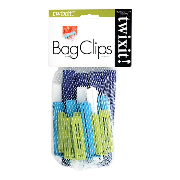 A white package of blue and green Linden Sweden Twixit! bag clips.