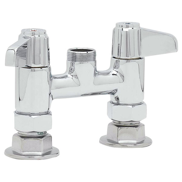 A silver Equip by T&S deck mount faucet base with two handles and screws.