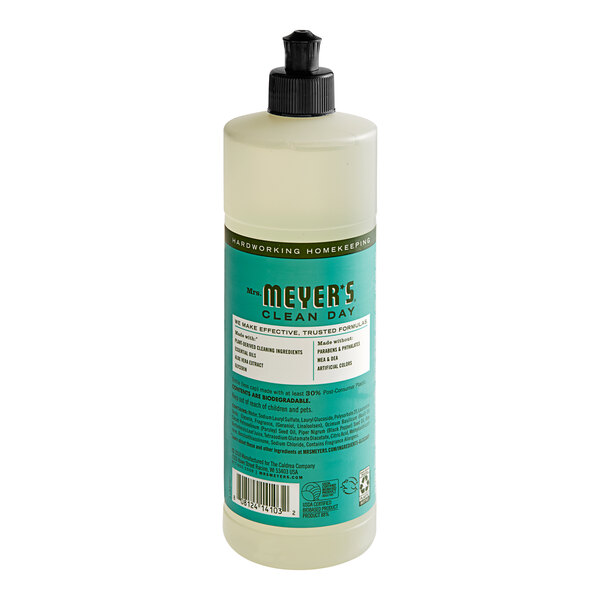 A bottle of Mrs. Meyer's Basil scented dish soap with a black lid.